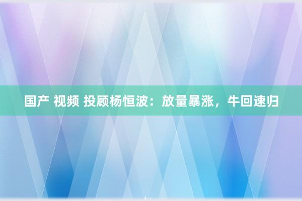 国产 视频 投顾杨恒波：放量暴涨，牛回速归